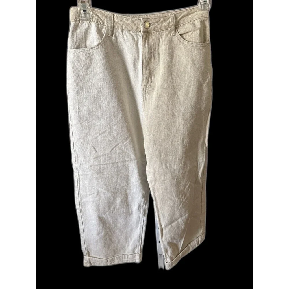 12th Tribe Jeans Womens High rise Barrel Leg Baggy Denim 2 Tone Cream sz M $98
